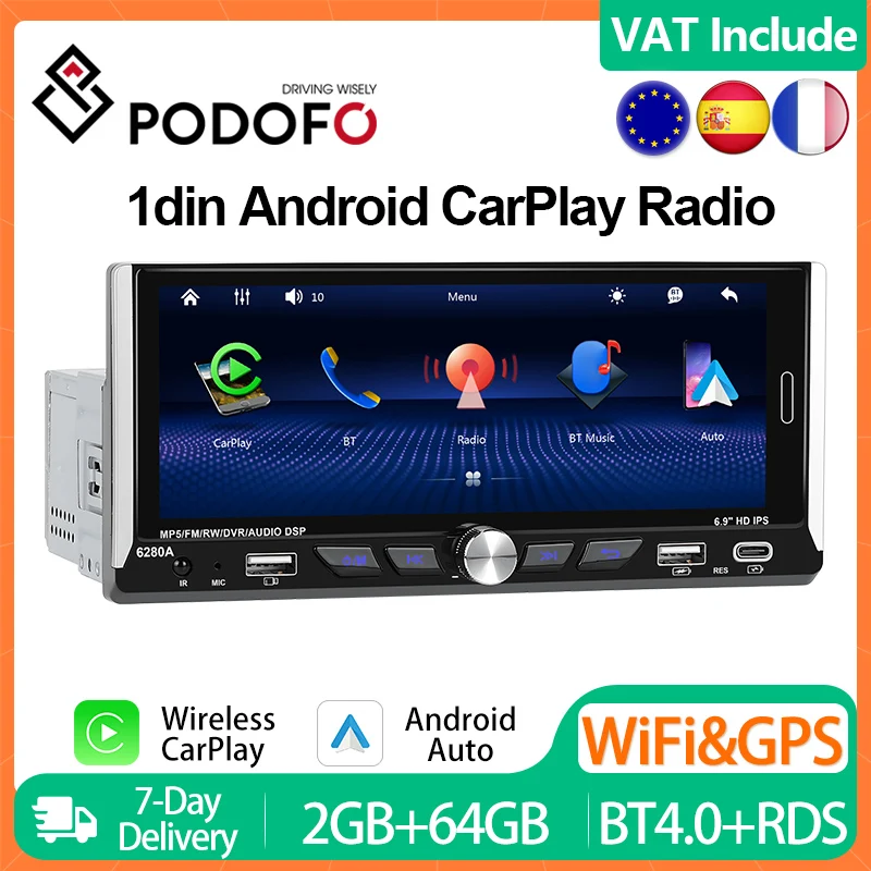 Podofo 1din CarPlay Android Car Radio 6.9