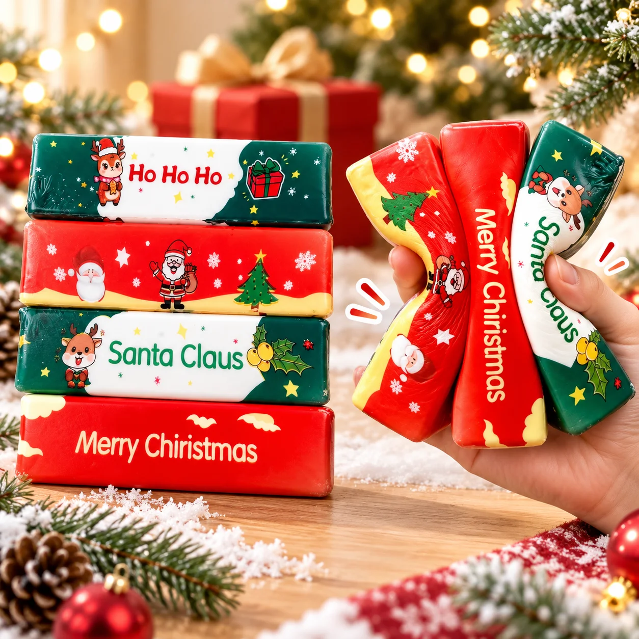 Christmas Cheese Stick Squishy PU Slow Rising Squeeze Toy Santa Reindeer Pattern Fidget Toy Christmas Gift Desktop Ornament