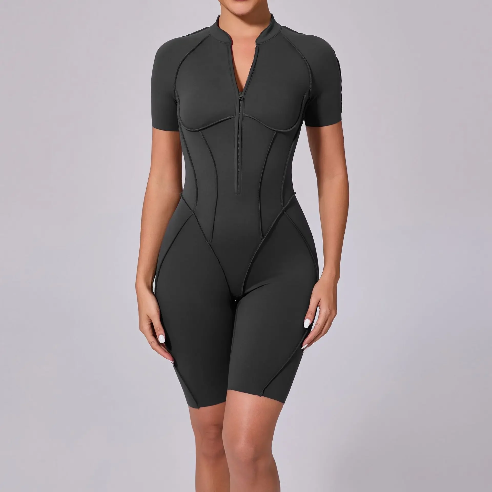 Seamless Yoga Jumpsuits Sports Fitness Zipper Hip-lifting Short-sleeved Backless Dance Workout Gym Shorts Bodysuits for Women image 5