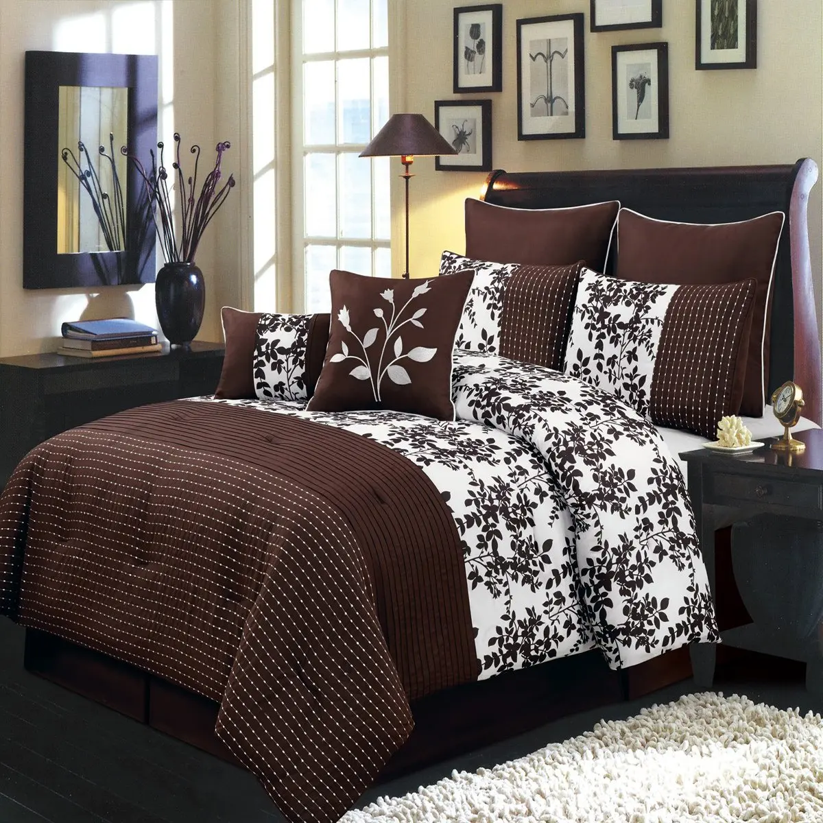 Bliss Chocolate and White Full Size Luxury 8 piece Comforter Set Includes Comforter, Bed Skirt, Pillow Shams
