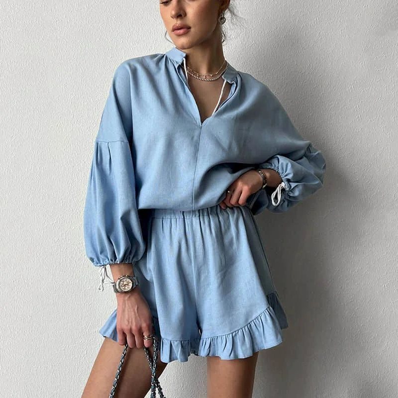 

Однотонные комплекты Свободные рубашки с длинными рукавами и повседневные шорты с эластичной резинкой на талии Комплекты из двух предметов Женская одежда Свободная осенняя одежда для женщин