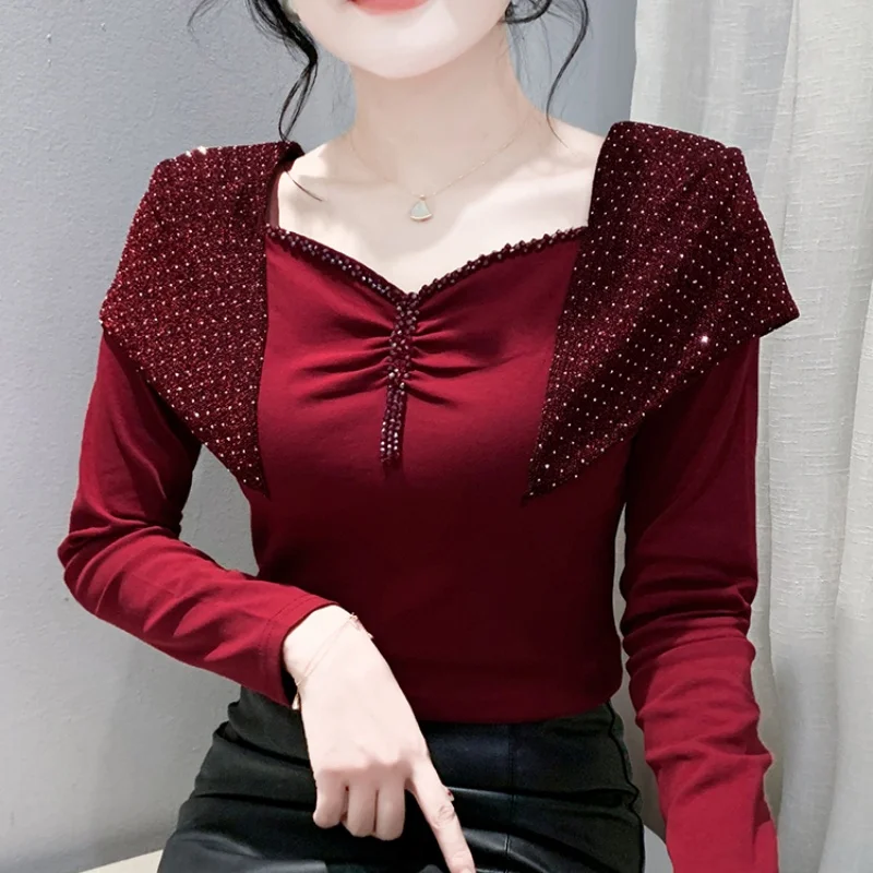 2023 neue Herbst Frauen Sexy Off Schulter T-Shirt Runway Diamanten Perlen Tops Femme Patchwork Langarm Baumwolle Tees