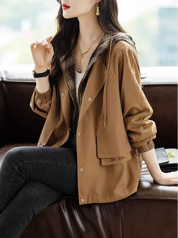 

Faionable Plaid Patchwork ort Coat Jaet Women's Loose Casual Top Spring Autumn Large Size Hooded Open Cardigan