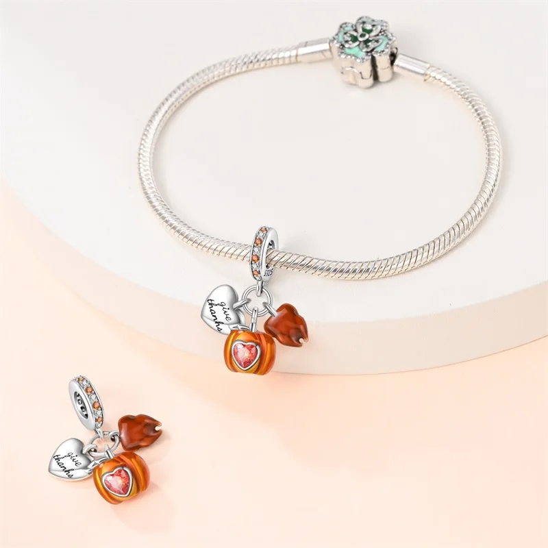 Herbstserie aus 925er-Sterlingsilber, braune Ahornblätter, Vogelscheuche, Eichhörnchen, Kürbis-Charms, Perlen, passend für Pandach-Armbänder, DIY-Schmuck – Detail 17