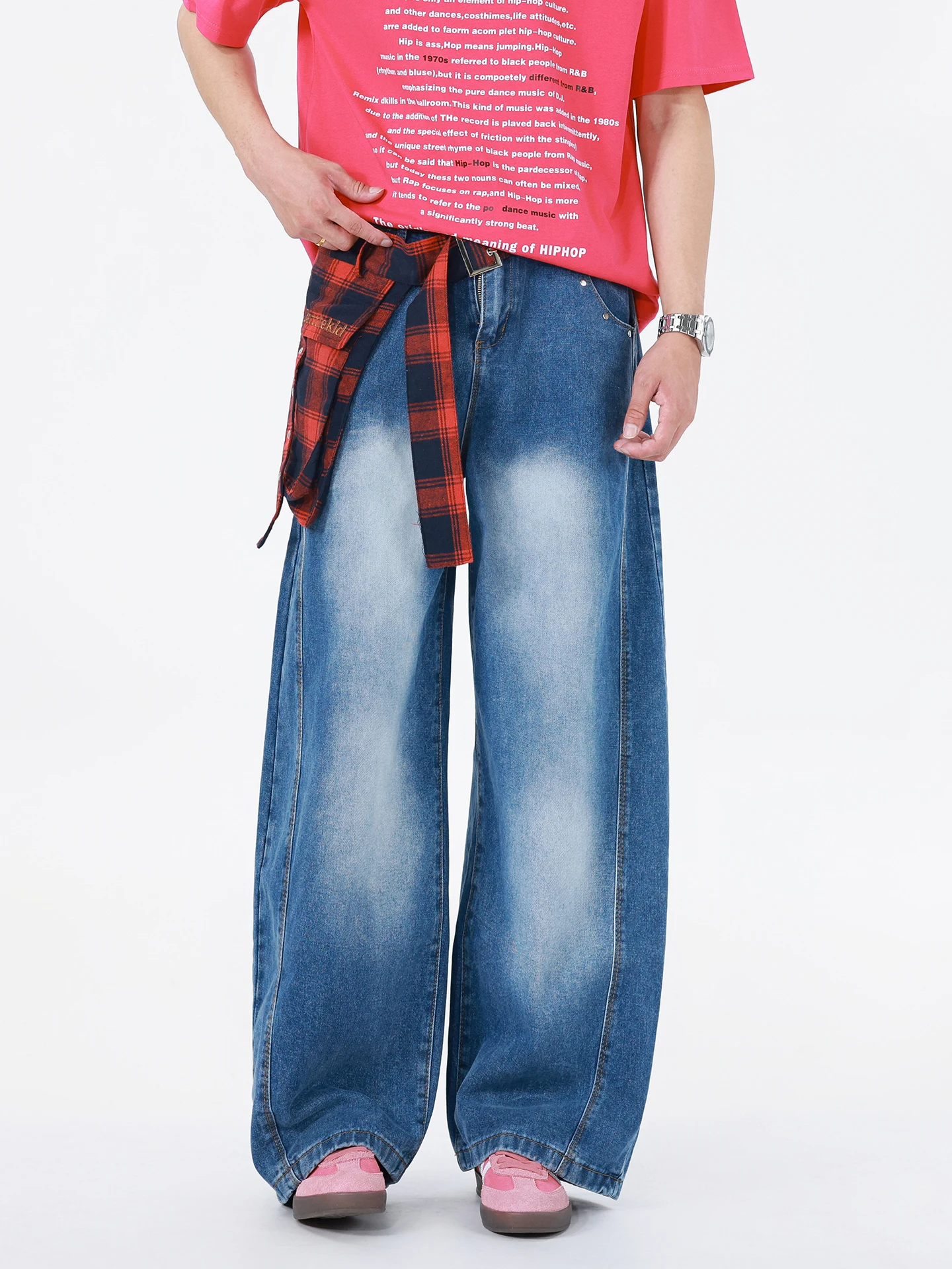 

Американские джинсы в красную клетку для мужчин: летние, свободные, прямые, широкие штанины, повседневные, модные, молодежные, трендовые