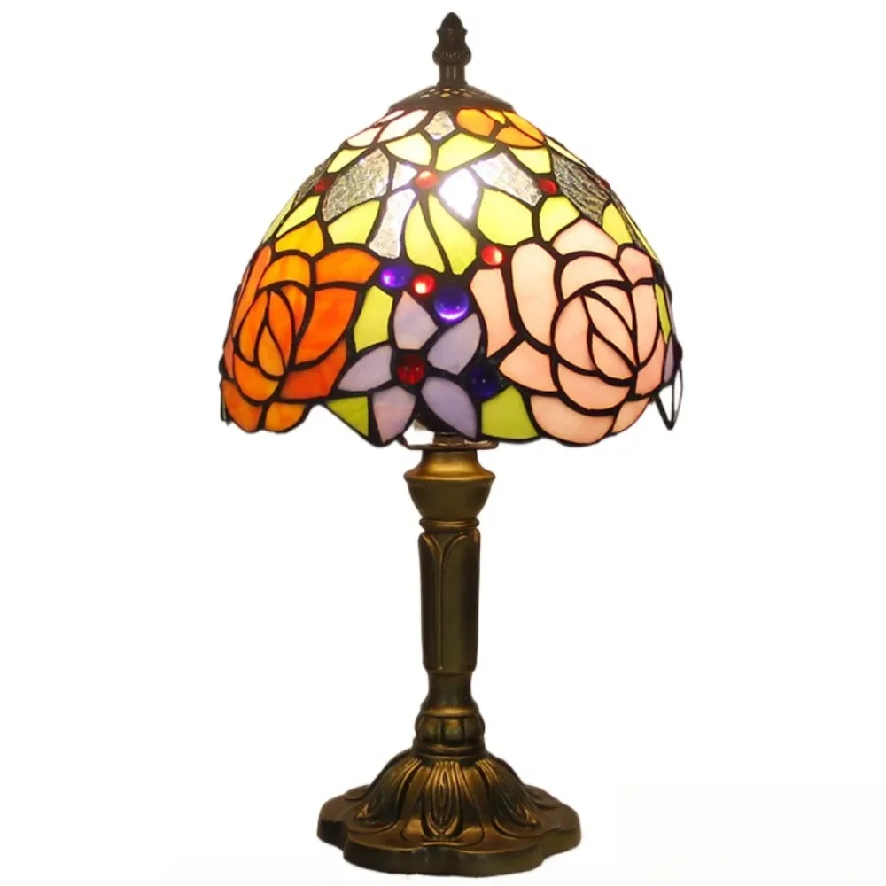 8inch Tiffany Stained Glass Two-color Rose Lampshade Bedside Table Lamp Living Room Bedroom Night Light Villa Hotel Desk Lamp