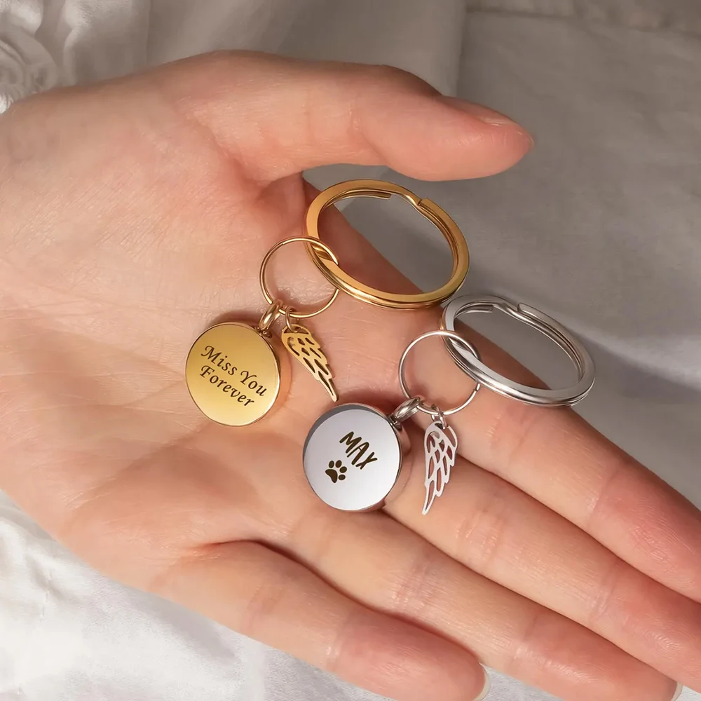 Round Urn Pendant Keychain with Angel Wing for Ashes Stainless Steel Cremation Memorial Jewelry Custom Name Paw Text view 4