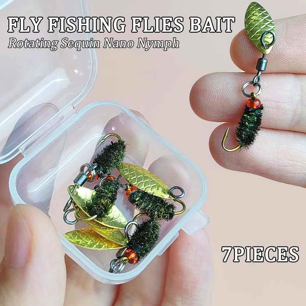 7-teiliges Set mit Fliegenbox, rotierende Pailletten-Nano-Nymphen für Forellen-Trockenfliegen, künstlicher Paillettenköder zum Fliegenfischen # 12