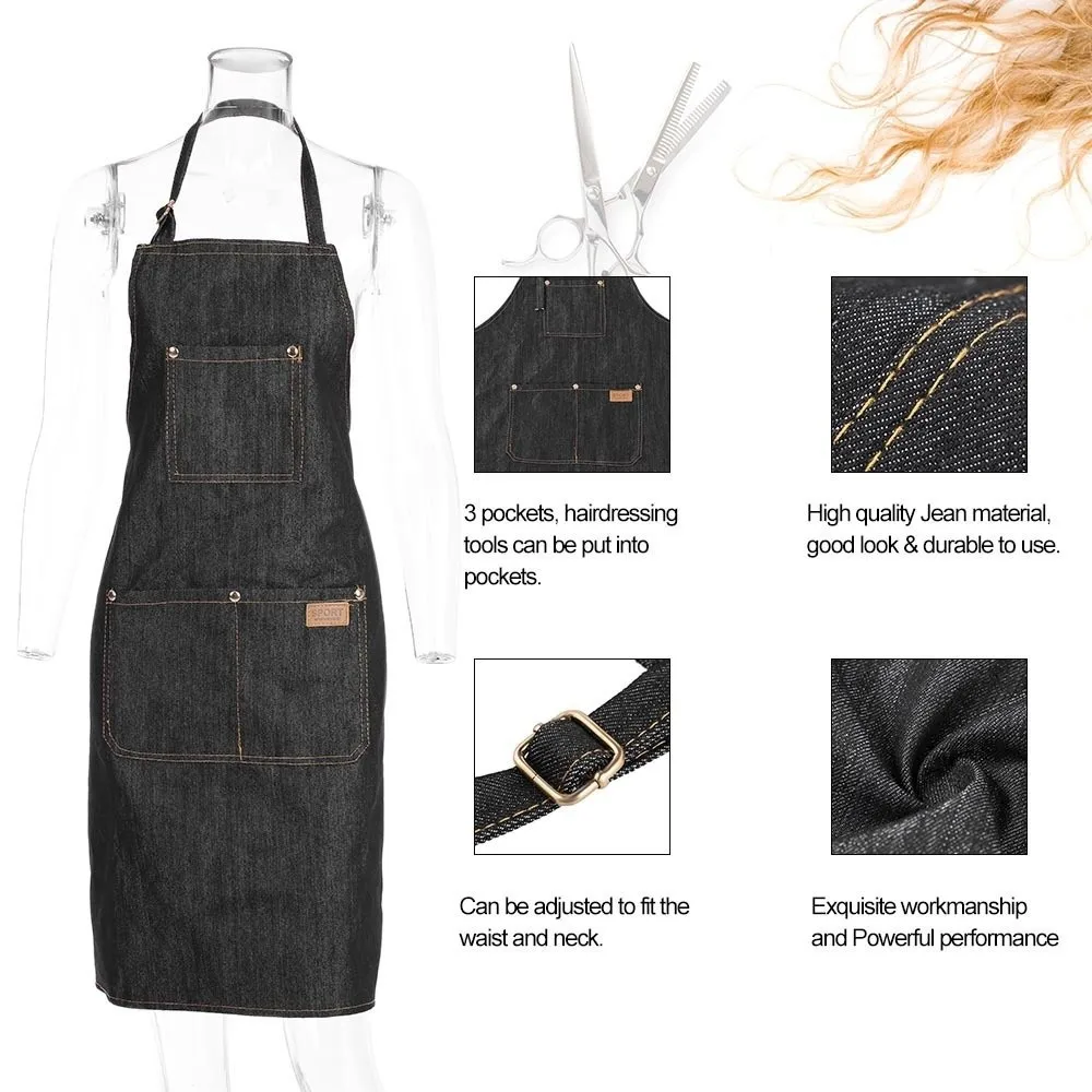 Lightweight Denim Apron Uniform Waterproof Adjustable Salon Working Clothes Professional Oil-proof Barber Cloth Wrap Kitchen