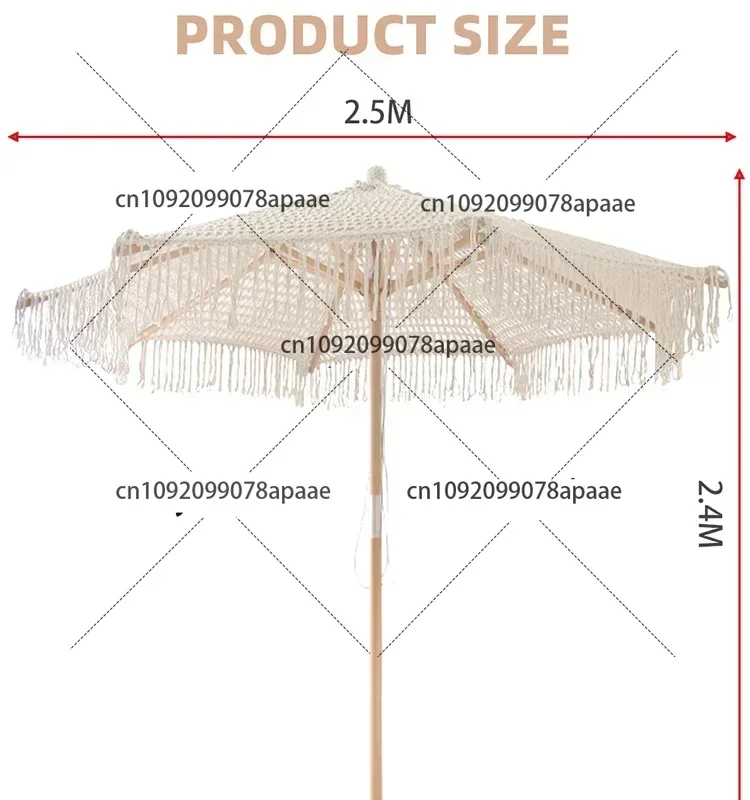 Cotton Rope Parasols 2.5M Wooden Pole Handmade Tassels Woven Canopy Beach Umbrella With Macrame Fringe