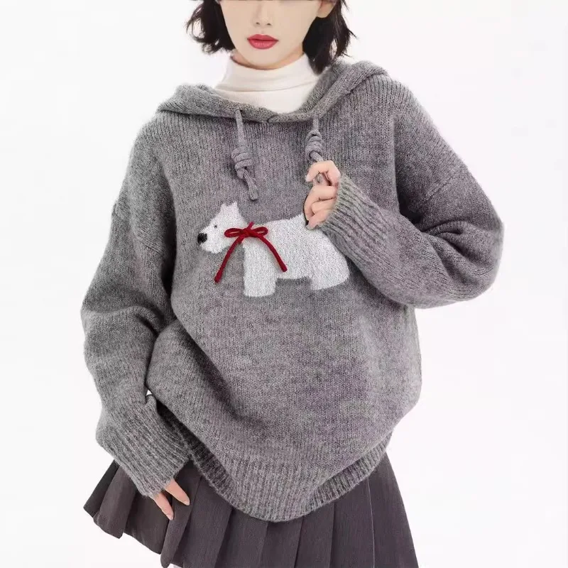 Grey Puppy Hooded Knit Sweater 2024 New Cute Sweater Autumn and Winter Women Lazy High-grade Top