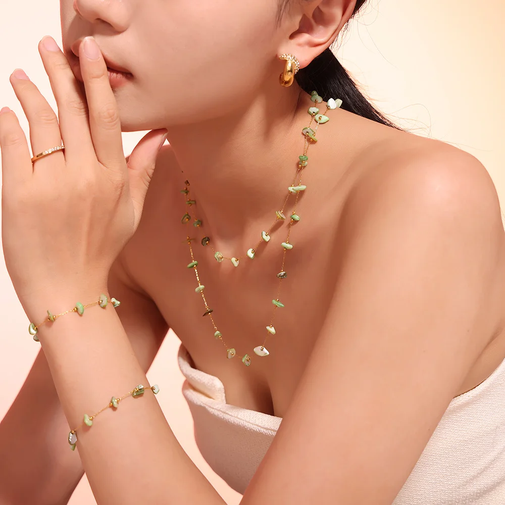 Mixer Green Necklace Bracelet Women Set Stainless Steel Natural Stones Beaded Pendant Female Necklaces Luxury Jewelry