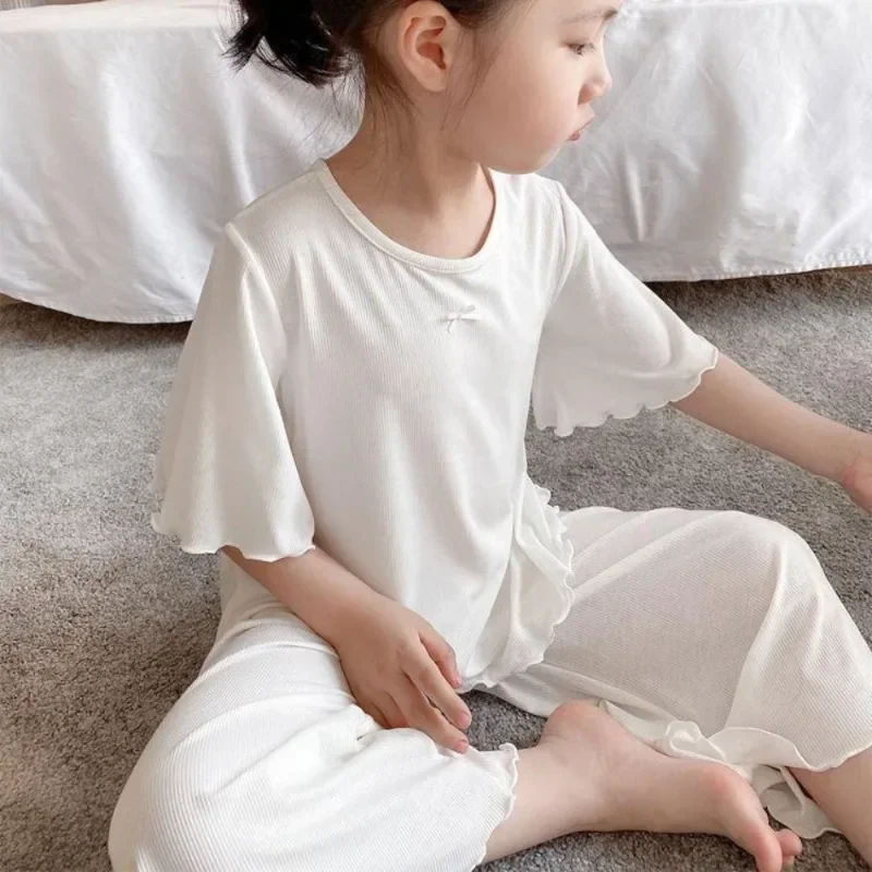 Conjuntos de Verano para Niñas, Conjunto de Manga Corta de Seda de Hielo, 2 Piezas, Ropa para el Hogar, 2-10 Años, Pijamas de Color Puro para Niñas