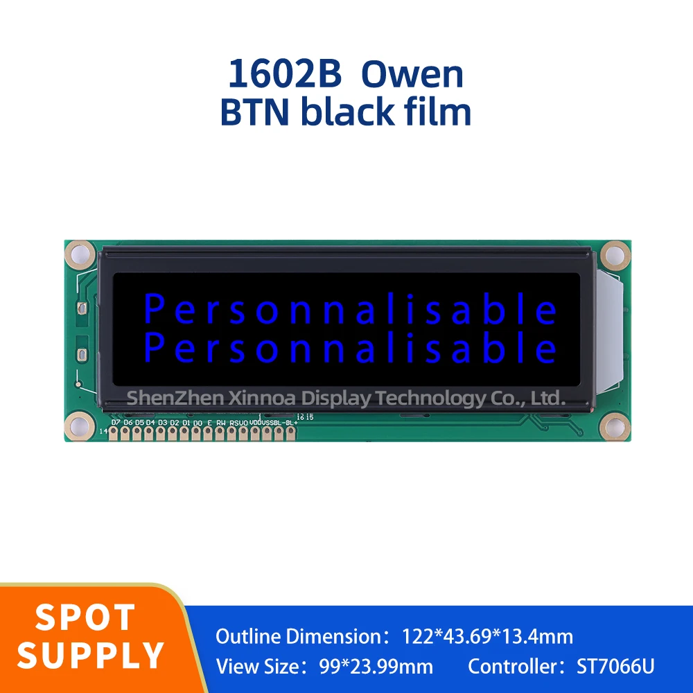 Europeu grande Dot Matrix Character, Display LCD, BTN preto filme, controlador de caracteres azul, ST7066U, 1602B, 16X2