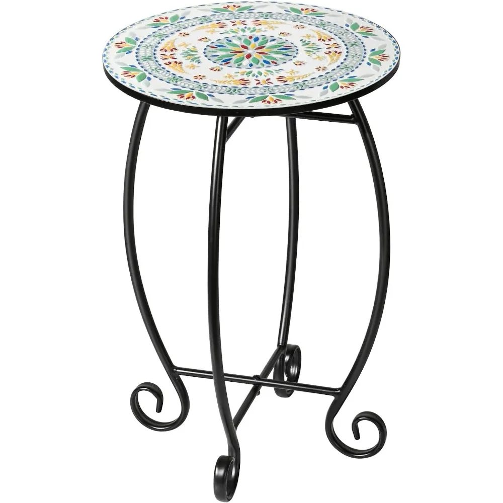 

Side Table, 14" Round End Table, Unique Relief Ceramic Tile Tabletop with Metal Frame, Metal Scrollwork Accent Table, Coffee Tea