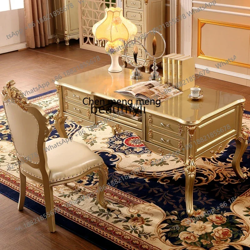 D178  American luxury solid wood gold-painted silver-painted large desk desk writing desk study furniture