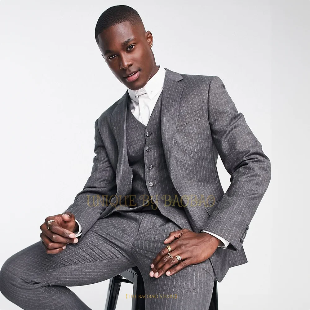 

Men's 3-piece skinny suit (jacket+vest+pants) grey pinstripe wedding engagement banquet prom summer party tailored tuxedo