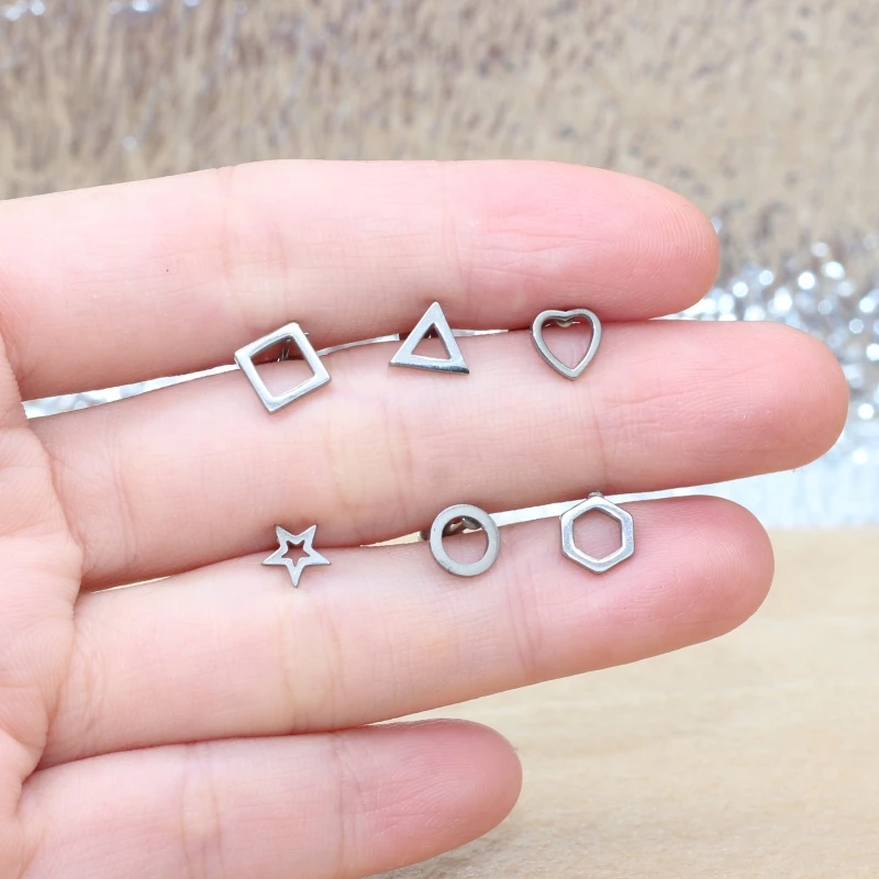 Hypoallergenic 2PC Lot No Fade Brief Circle Heart Star Shape Stainless Steel Stud Earrings For Men Women No Fade Allergy Free