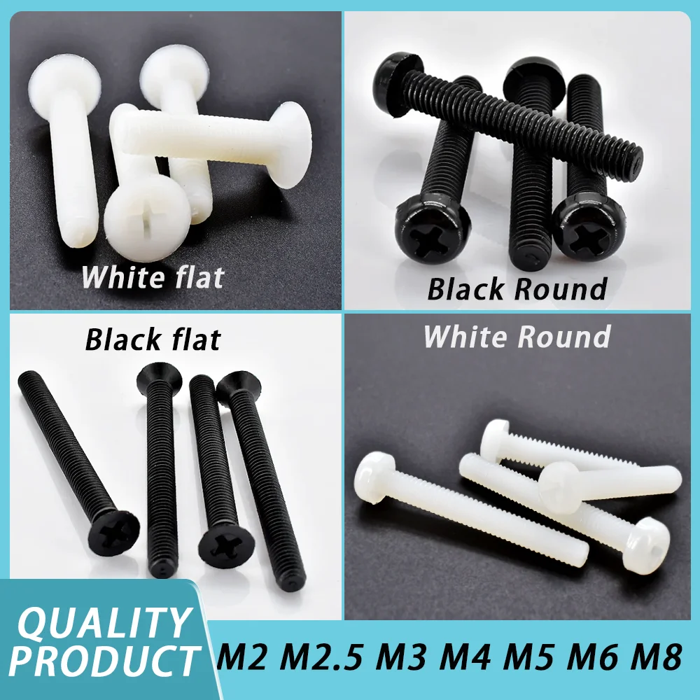 

White/Black Nylon Plastic Phillips Bolt M2 M2.5 M3 M4 M5 M6 M8 insulation Pan Head Cross Round Countersunk Screw Bolt L=6~20mm