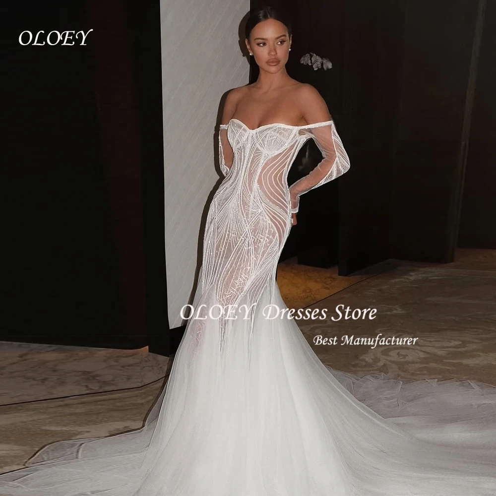 

OLOEY Новое индивидуальное кружевное тюлевое свадебное платье русалки с открытыми плечами и длинными рукавами, с вырезом в форме сердца, иллюзия сзади, сексуальное платье невесты
