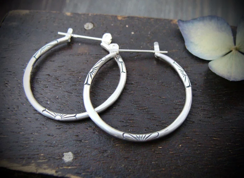 Minimalist Style Vintage Silver Big Earrings 925 Silver Needle Hoops Small Hoops  Imprinted Jewelry One Inch Hoops