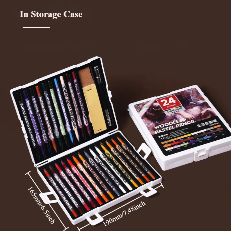 Woodless Pastel Pencils 24 Colors 7mm Core Artist Grade Chalk Charcoal Pencil Great Blending and Layering Sketching in Case