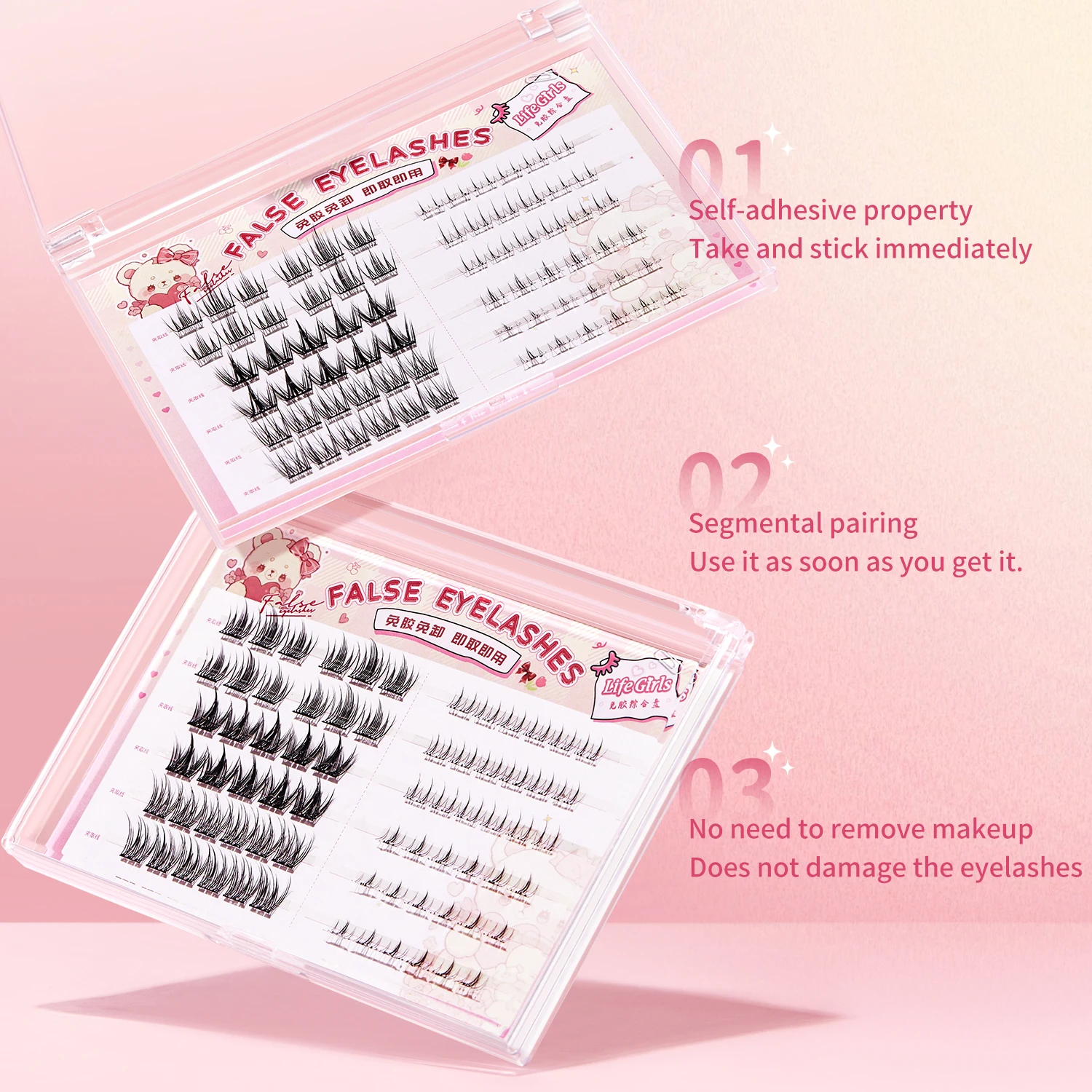 Life Girls 5 estilos em uma caixa cílios postiços sem cola naturais enrolados leves fáceis de usar cílios superiores e inferiores