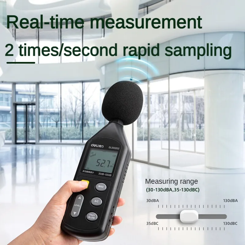 Deli hand-held digital sound level meter noise tester sound detector 30-130db with AC weighted audio sound level detector