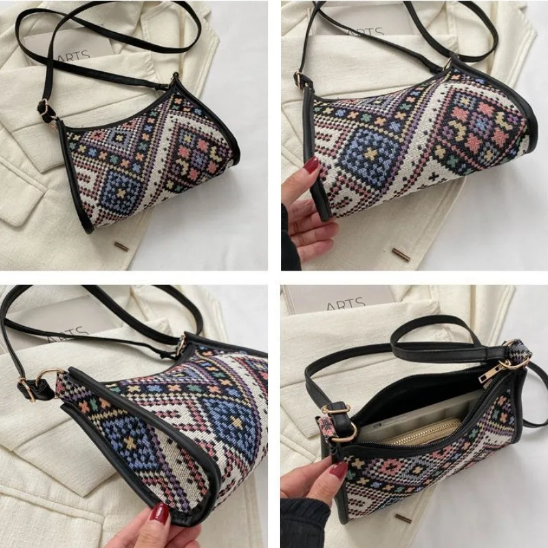 Ladies Ethnic Canvas Bag 2024 New Fashion Shoulder Bag Casual Small Square Bag Printed Contrasting Armpit Bags Women Handbag