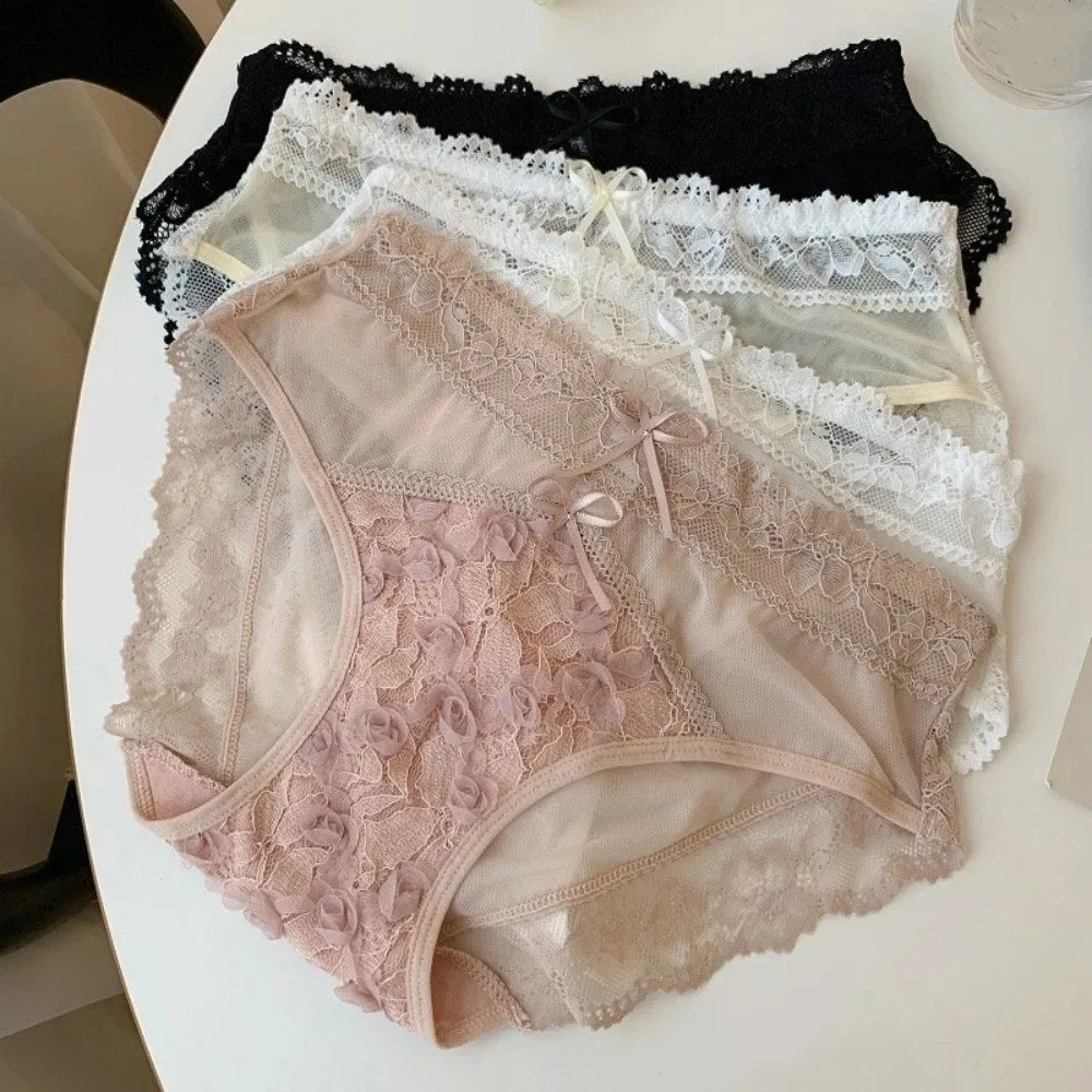 

Lingerie Bow Lace Flower Panties Seamless Patchwork Lace Mesh Briefs Low Waist Transparent Women Underwear Lady