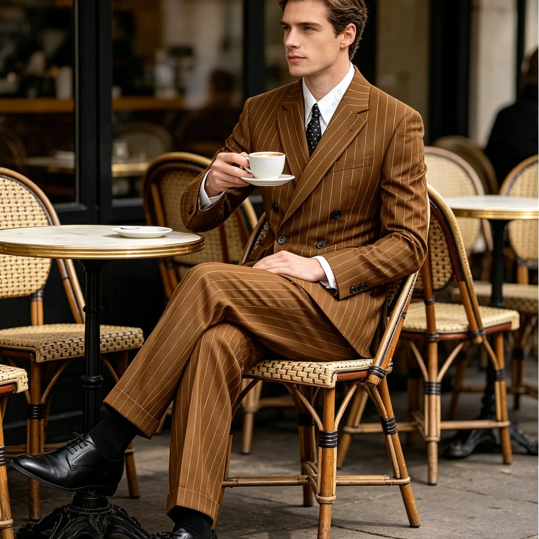 Traje de hombre marrón a rayas, 2 piezas, doble botonadura, corte ajustado, chaqueta con solapa de muesca, pantalón de pierna ancha, conjunto formal para negocios y bodas