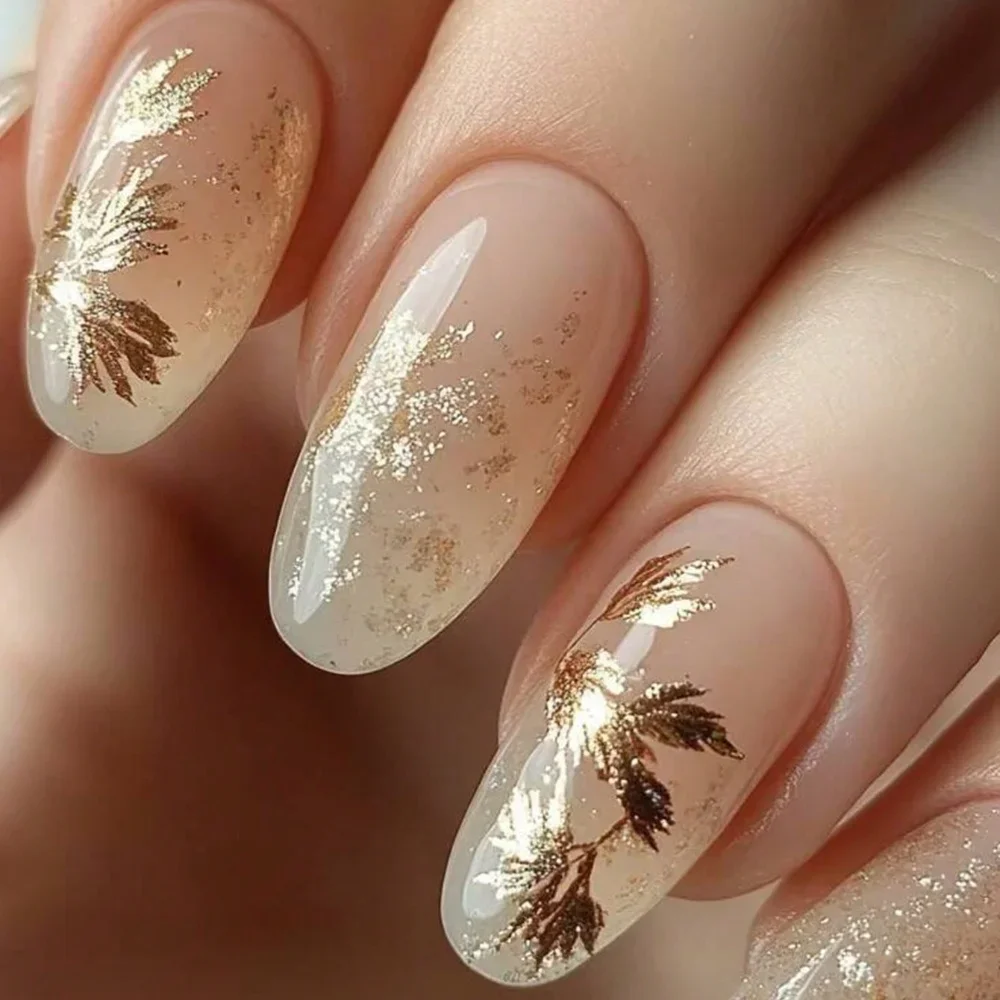 1-10pcs Golden Glitter Leaf Nail Art Stickers Featuring a Shimmering Leaf Design, Self-Adhesive Nail Decorations And Nail Art