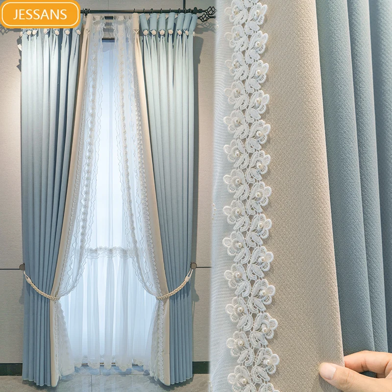 

Customized Princess Style Pearl Lace Blue Jacquard Patched Curtains for Living Room Bedroom French Window Bay Window Finished