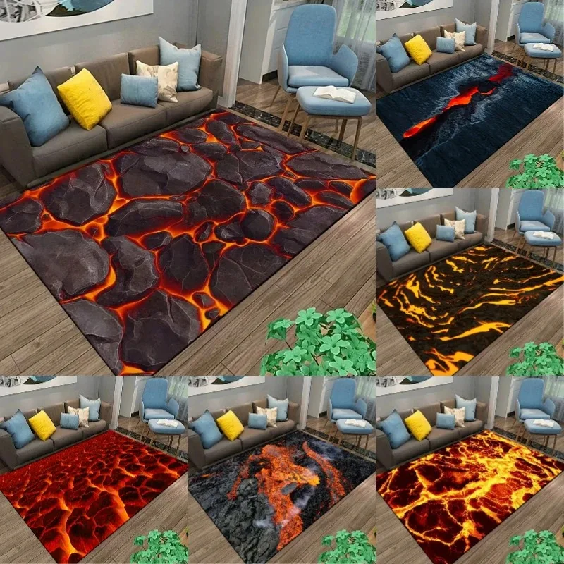 3D Volcano Lava Magma Bedruckter Teppich für Schlafzimmer Dekor Wohnzimmer Große Fläche Nachttisch Rutschfeste Bodenmatte Hause Eingang Fußmatte
