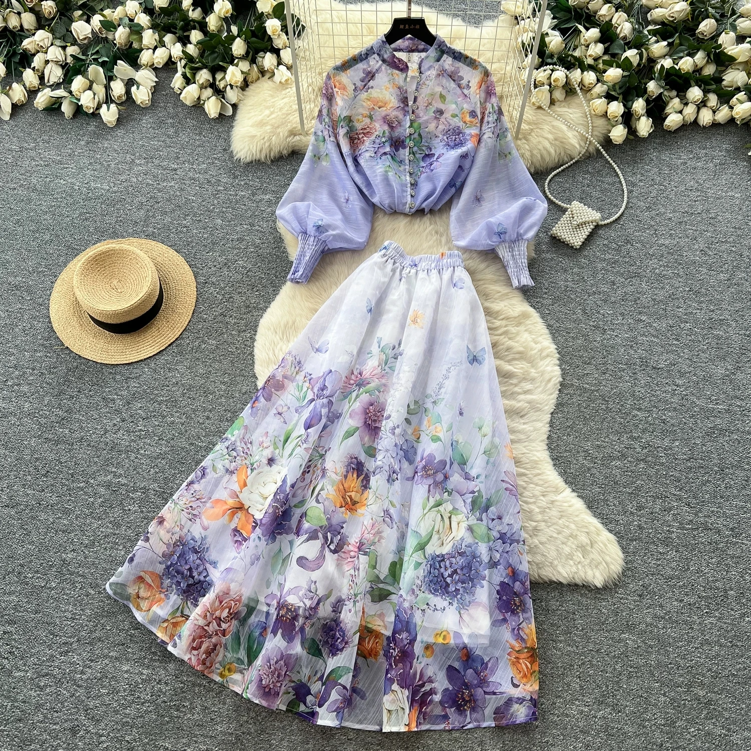 Summer Holiday Organza Gorgeous Flower 2 Piece Set Women Long Lantern Sleeve Shirt Blouse and Elastic Waist A Line Skirt Suit view 2