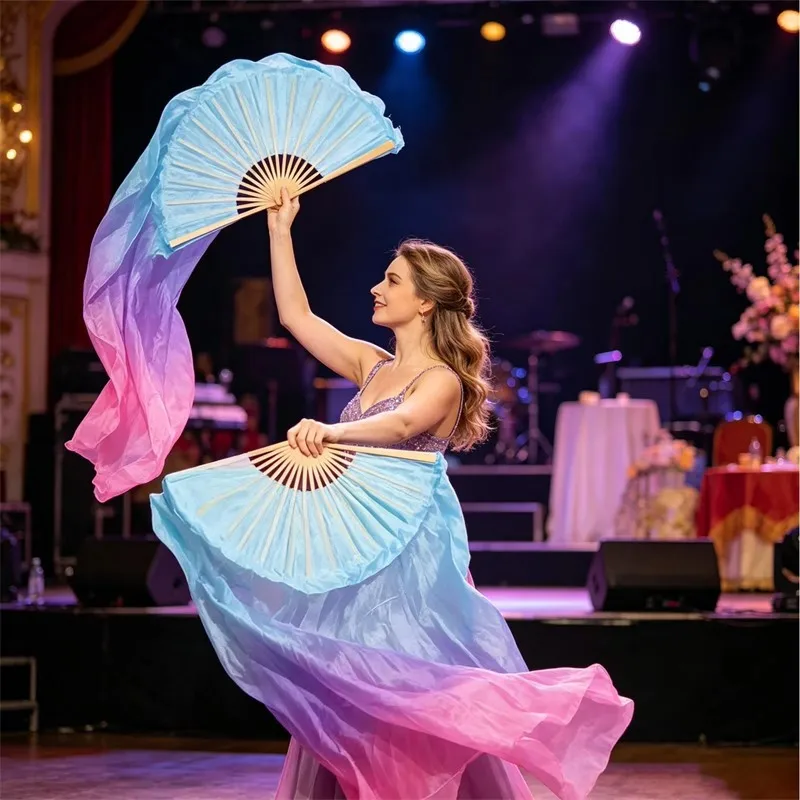 Gradient Color Imitation Silk Dance Fan, Chinese Classical Yangko Dance Hand Fan, Stage Performance Practice Dancing Accessory