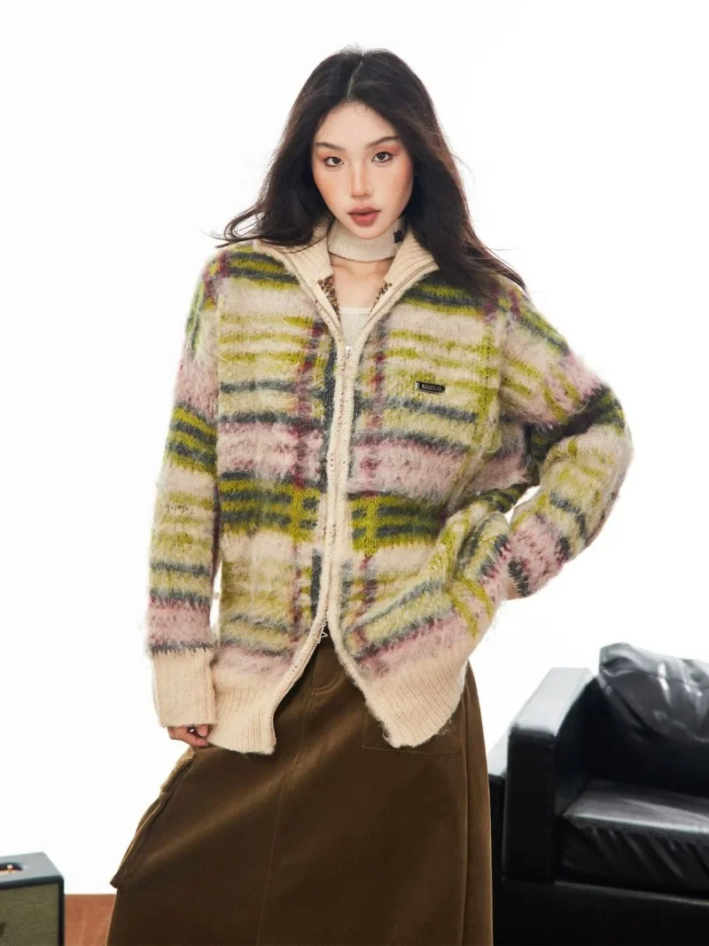 American Retro Striped Stand Up Collar Cardigan Sweater Jacket Women's Autumn and Winter New Lazy Style Plush Knit Sweater Top