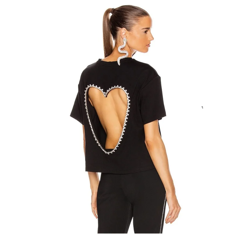 

Summer crop top loose short-sleeved T-shirt, round neck black and white T-shirt, handmade diamond love T-shirt for women