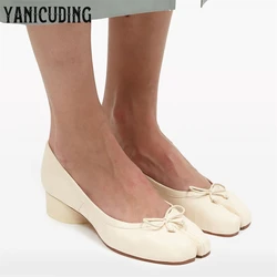 3cm Low Cylindrical Heel Ballerina Pumps Tabi Slip-On Leather Shoes Bow Detailing Elegant Handmade Designer Footwear for Banqute