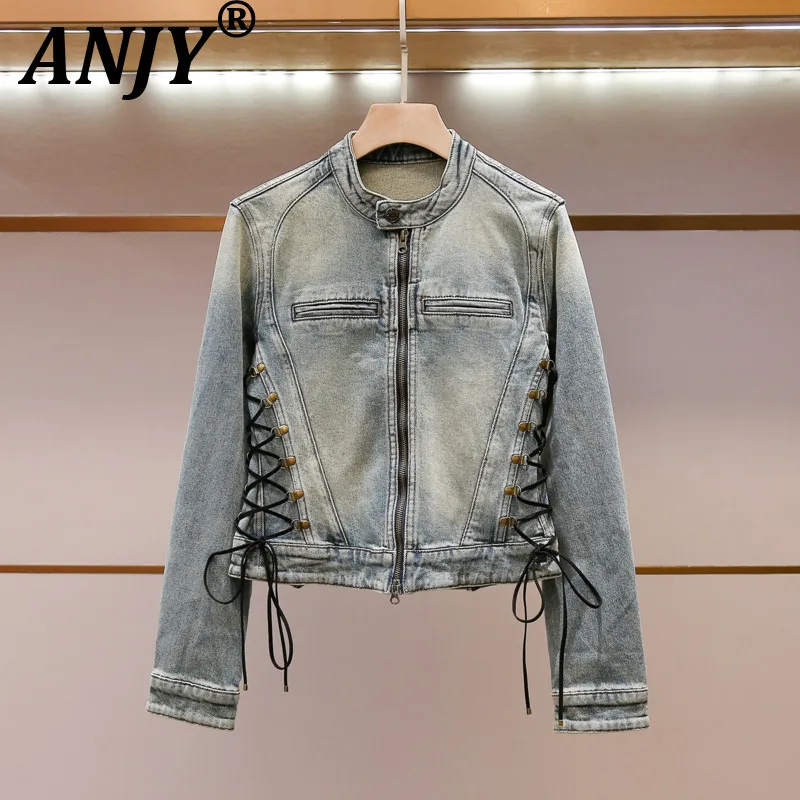 ANJY Women Denim Jacket High-end Fashion Side Bandage Design Vintage Washed Stand Collar Stylish Casual Short Cotton Coat A28529