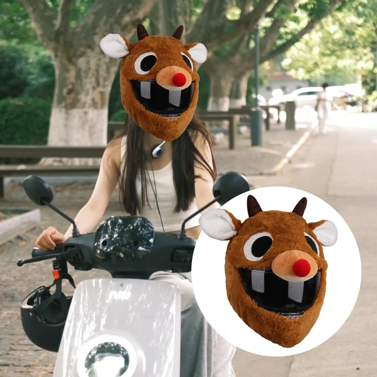 

Helmet Cover Reindeer Shaped Plush Eye Catching Style Adorable Cutie Increase Riding Fun Universal Motorbike Funny Helmet Cover