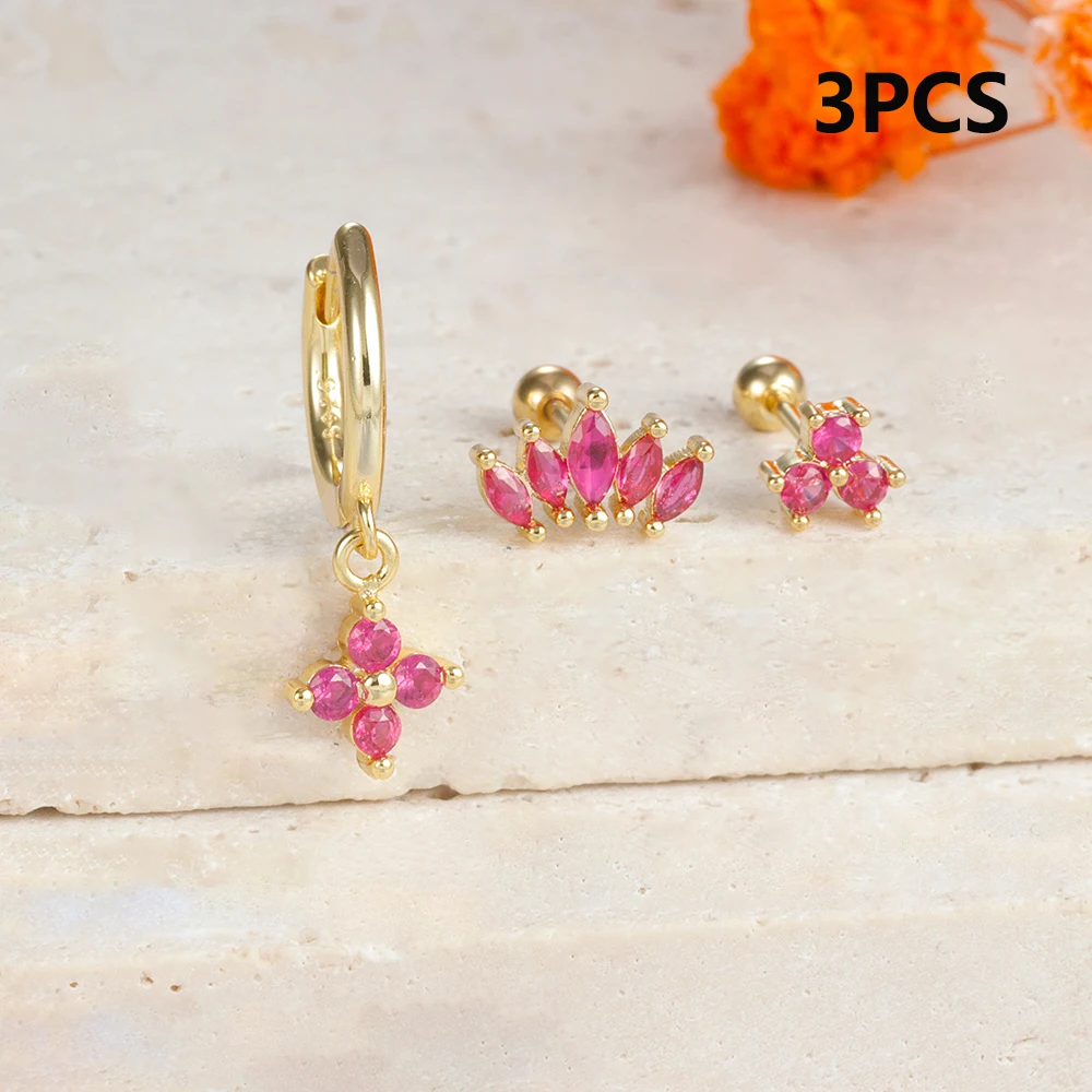 3Pcs/set Stainless Steel Flower Small Hoop Earrings for Women Rose Red Butterfly Crown Ear Stud Earring Punk Unisex Rock Jewelry