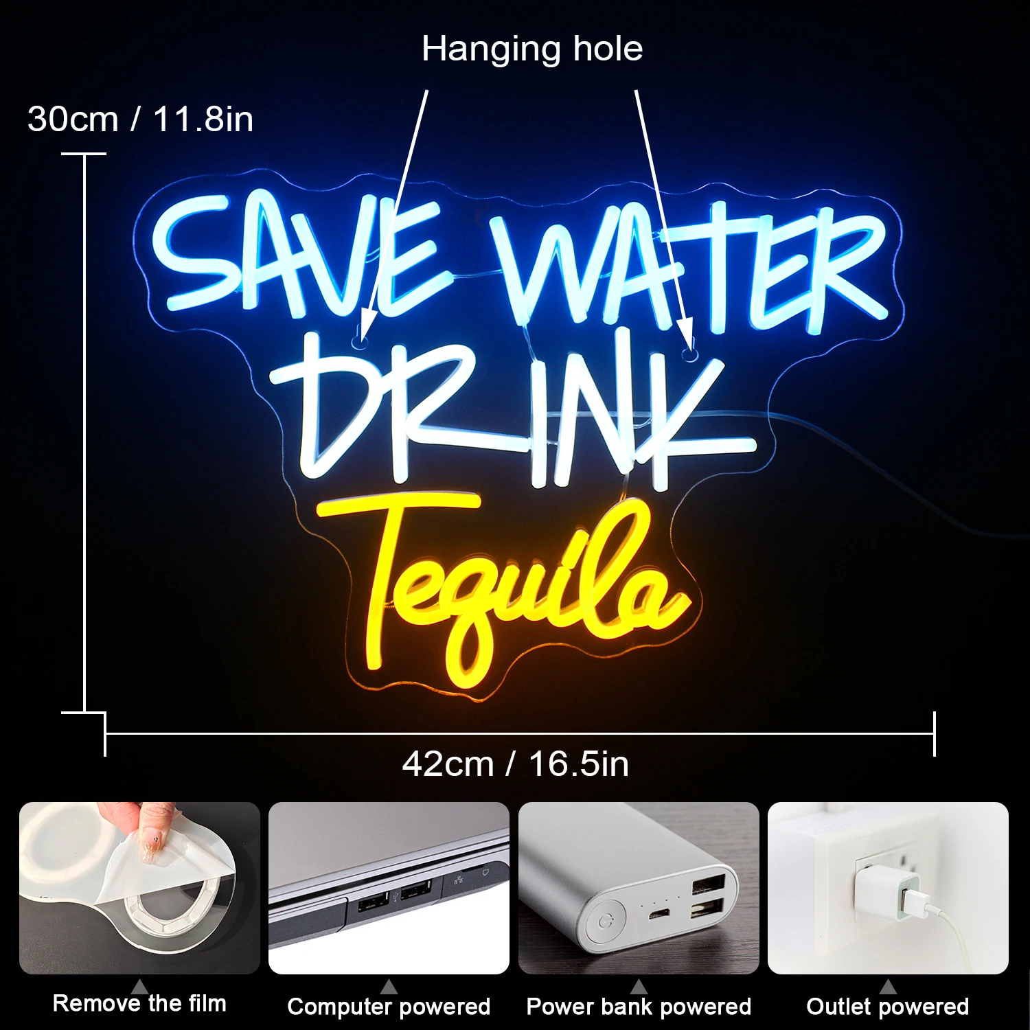 Enseigne au néon Tequila avec lumières LED, ensemble de trois documents, décoration de chambre esthétique pour la maison, les bars, la fête, l'art de la lampe murale, sauvez l'eau, les clics