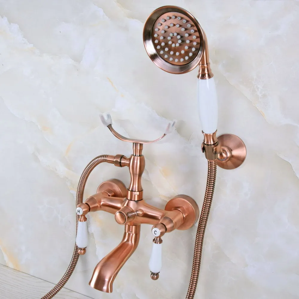 

Antique Red Copper Wall Mounted Swivel Spout Double Handles Bathroom Clawfoot Tub Faucet Mixer Tap W handshower Lna375