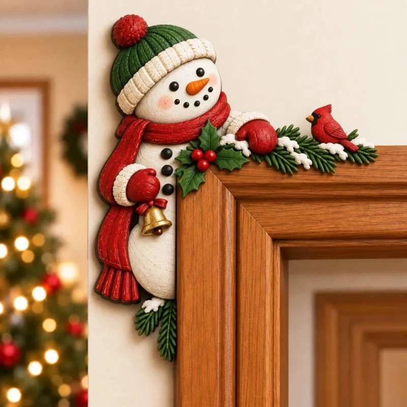 E06B Peeking Christmas Door Frame Decoration, Board Corner Accent Positioned Within Doorway Area Instead of Display