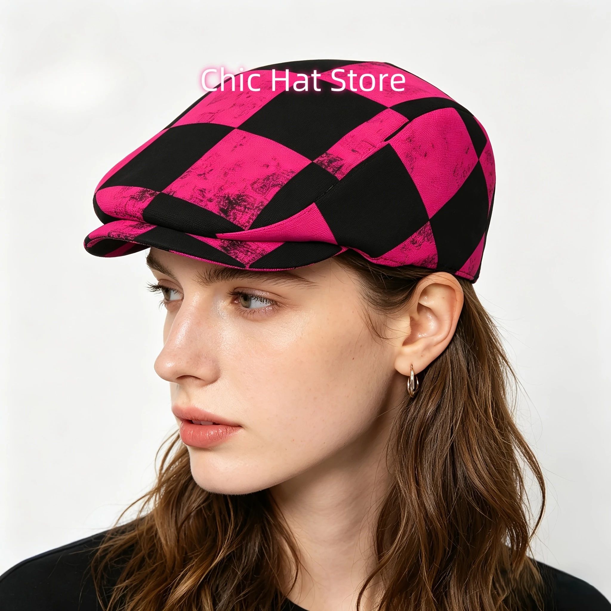 1pc Pink Black Checkerboard Tiles All-Over Print Flat-Top Hats for Men And Women, Newsboy Caps, Berets, Irish Hats, Driver Caps,