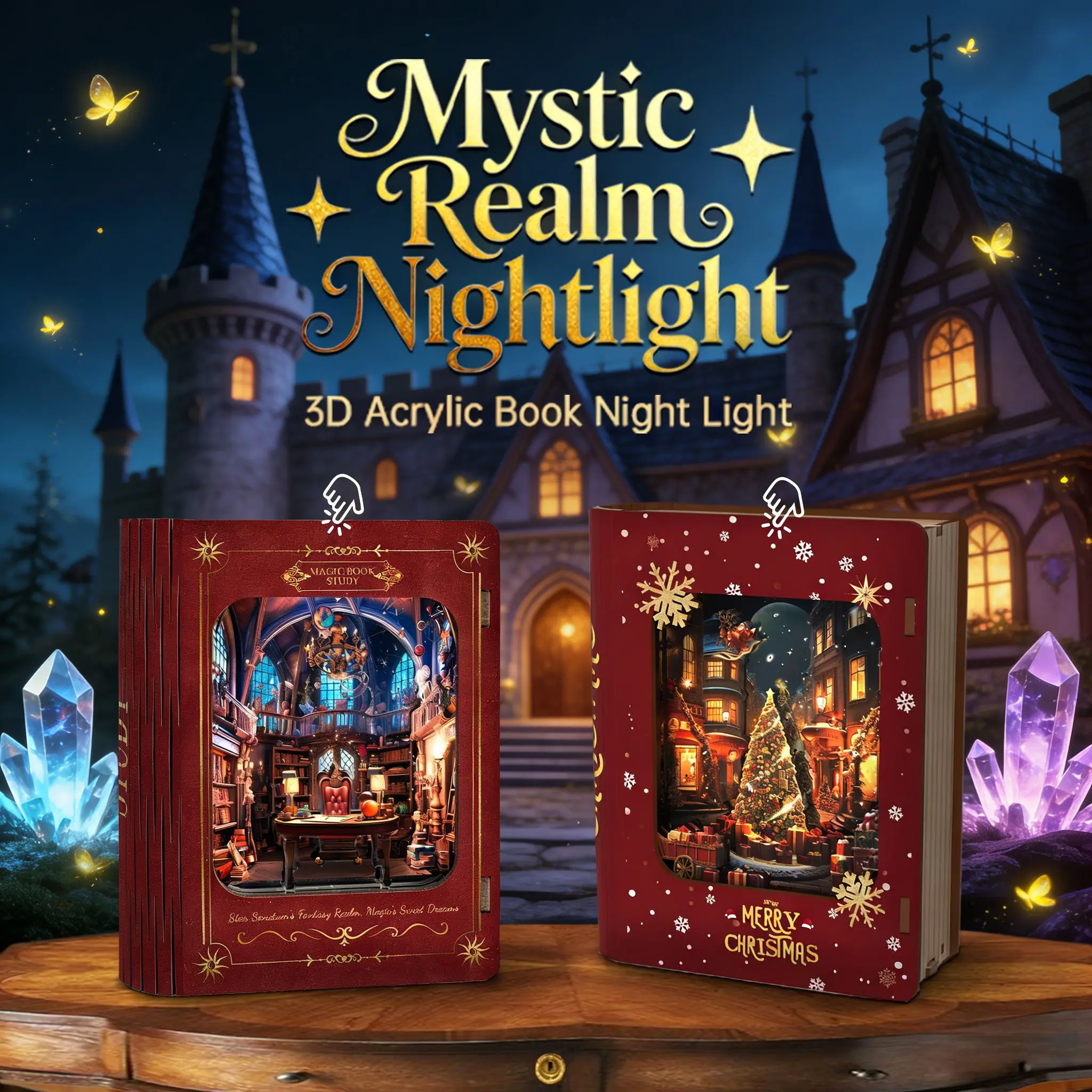 Christmas Book Nook DIY Wooden Model - Touch Sensor Light Magic Bookcase Night Light Handmade Assemble Christmas Gift Decor