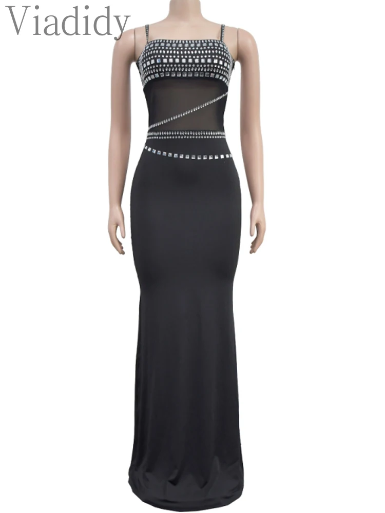 Women Sexy Sleeveless Solid Color Spaghetti Strap Mesh Patchwork Rhinestone Decor Floor-length Party Dress