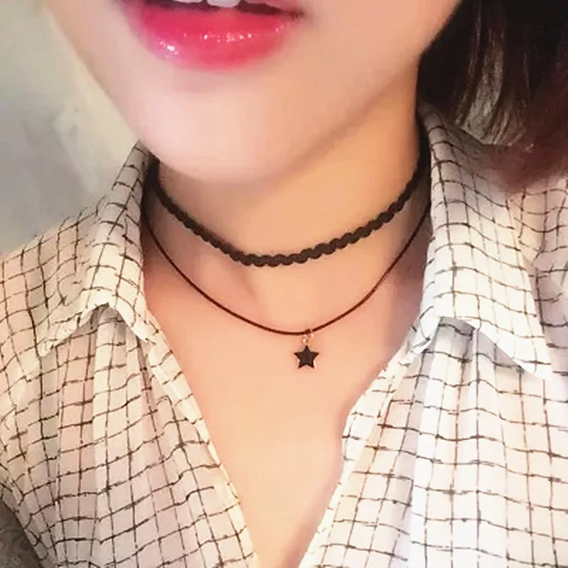 New Punk Gothic Double Layer Black Wave Leather Rope Moon Star 5 Word Lips Pendant Necklace For Women Jewelry Choker Collier