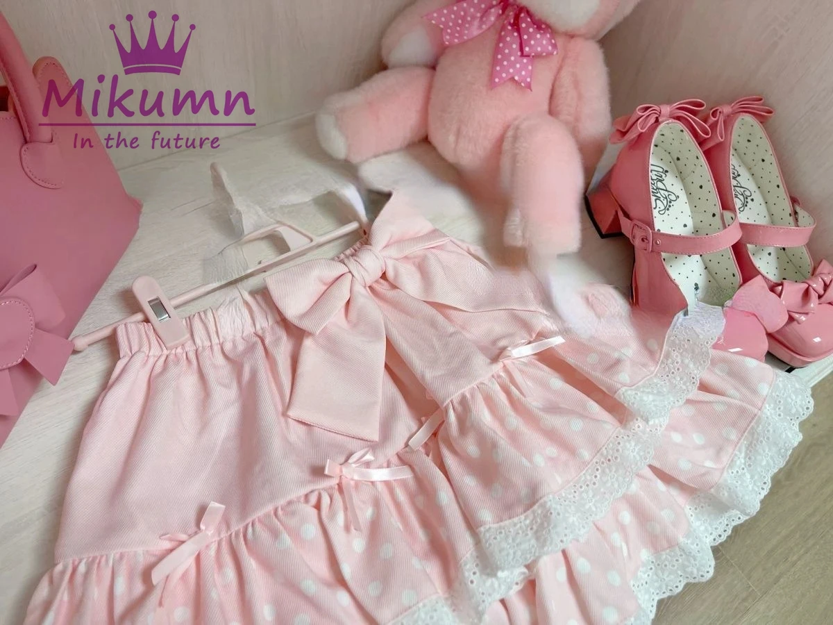 Mikumn-minifalda estilo Lolita Harajuku para mujer, Falda corta con estampado de lunares, lazo dulce y volantes, estilo Kawaii japonés Y2k